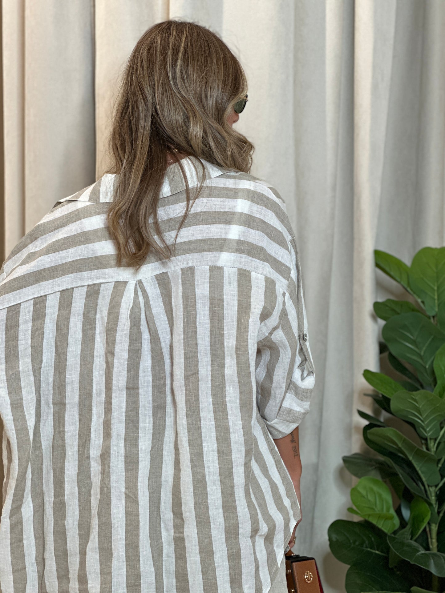 maxi camicia a righe 100% lino