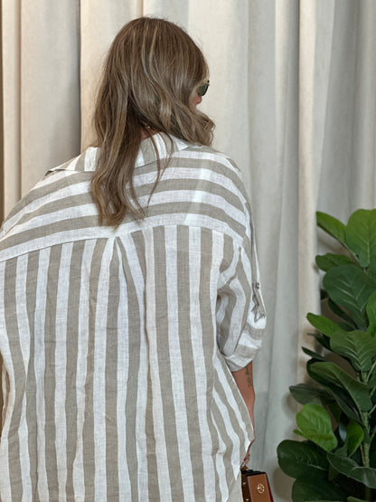 Maxi camicia a righe 100% lino